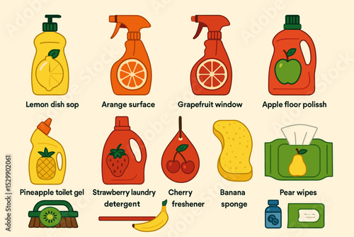 Illustrated cleaning product bottles with fruits and scents