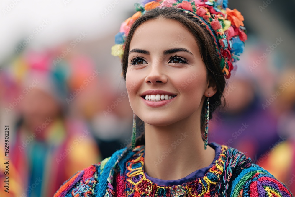 Fototapeta premium Young Woman Enjoying a Vibrant Street Festival in Colorful Traditional Attire