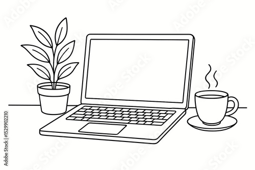 Minimalist workspace with laptop, plant, and coffee cup line art