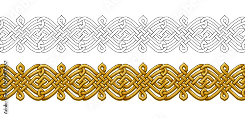 Celtic knot weave design. Seamless pattern. Nordic border ornament. Color and black and white template set. Print for decoration, fabric, embroidery, carpet, wallpaper. Flat vector illustration.