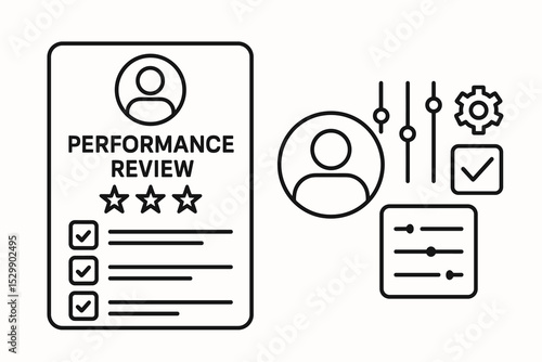 Employee performance review icons with rating and checklist