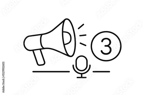 Megaphone and microphone icon with number three in minimalist line art