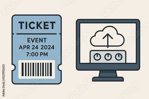 Digital event ticket with cloud upload icon for online access
