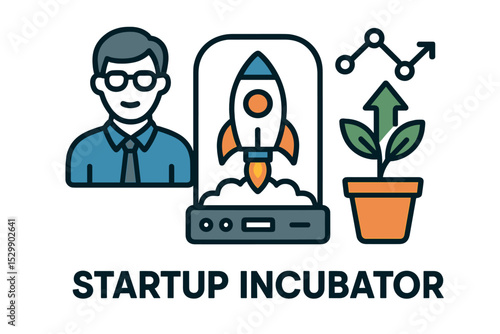 Innovative startup incubator concept with rocket, plant, and growth chart