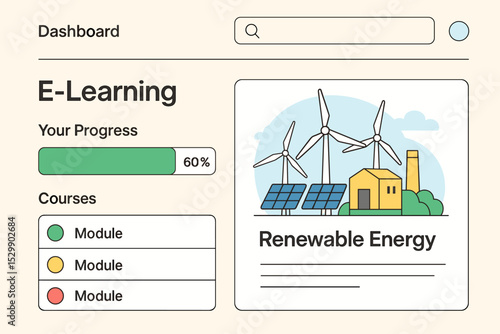 E-learning dashboard with renewable energy course and progress tracking interface