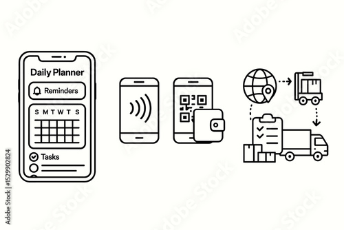 Mobile app features: daily planner, contactless payment, qr codes, logistics