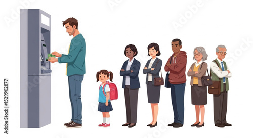 Cartoon People Queuing at ATM with Man Withdrawing Money Vector Illustration
