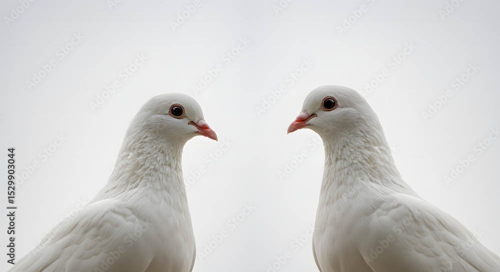 Fototapeta premium Two White Doves Facing Each Other a Symbol of Love Peace and Harmony Against Sky Background A Powerful Conceptual Image