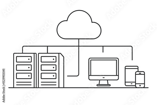 Cloud computing line art: network integration with servers and devices