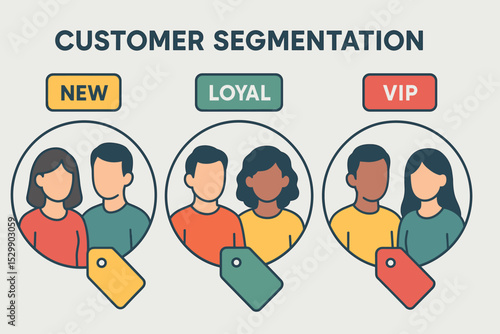 Customer segmentation illustration featuring new, loyal, and vip categories