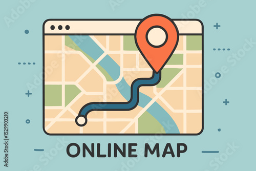 Digital navigation interface displaying route on online map with gps marker