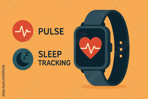 Smartwatch with pulse and sleep tracking display on orange background