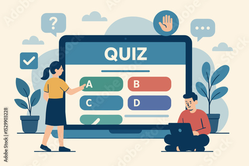 Interactive online quiz session with young caucasian adults engaged in learning