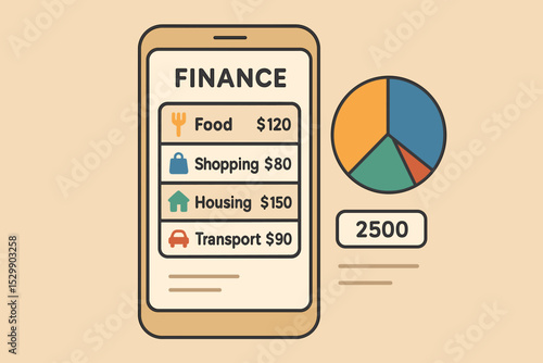 Mobile finance app displaying budget breakdown with pie chart