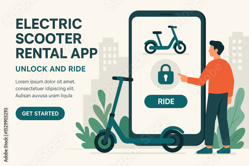 Electric scooter rental app interface with young caucasian male