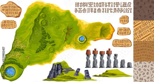 Moai on Easter island or Rapa Nui top view. Isolated vector cartoon stone statues on mountain. Set signboards Rongorongo, pattern, undeciphered captions ancient peoples.