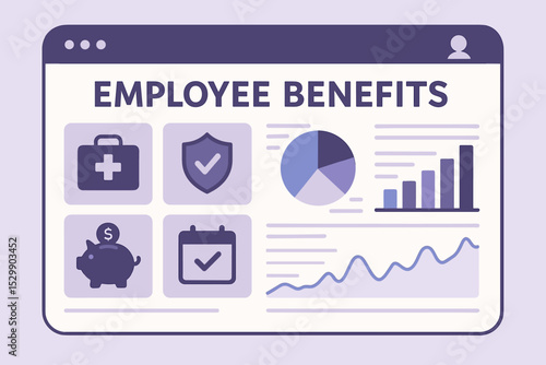 Employee benefits dashboard with graphs and icons illustrating financial and health perks
