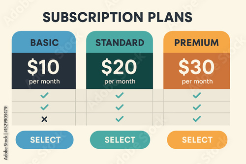 Subscription plans pricing comparison chart with basic standard premium options