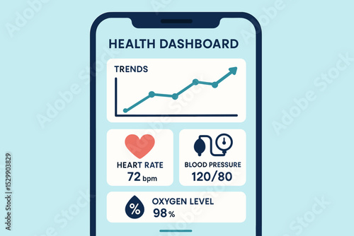 Mobile health dashboard displaying vital signs and trends chart