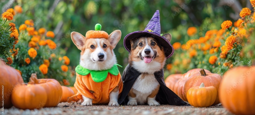 Obraz premium The adorable corgis celebrating Halloween in vibrant costumes among pumpkins.