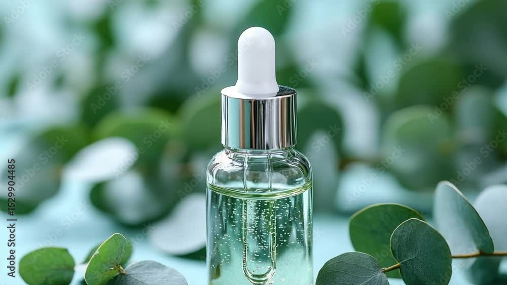 Clear glass dropper bottle with eucalyptus leaves Clear glass dropper bottle with eucalyptus leaves
