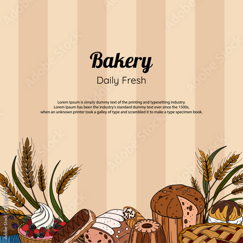 Sweet bakery goods poster banner or post background wallpaper with different types of baking products, confectionery. Bakery shop and cafeteria restaurant decoration