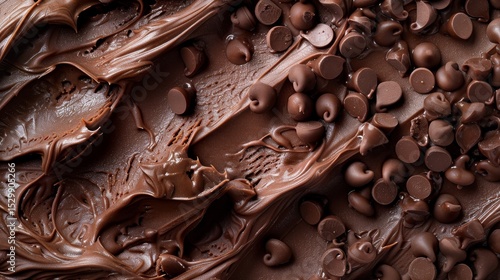 A mouthwatering close-up of creamy chocolate spread paired with chocolate chips, enticing the viewer with rich textures and making it ideal for culinary photography.