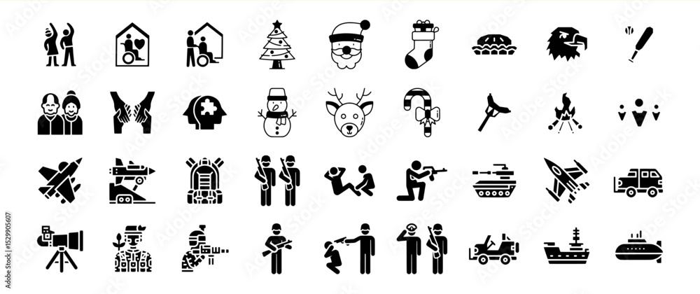 Naklejka premium A diverse collection of glyph icons depicting various aspects of life, including elderly care, Christmas, military, and more.