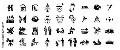 A diverse collection of glyph icons depicting various aspects of life, including elderly care, Christmas, military, and more.