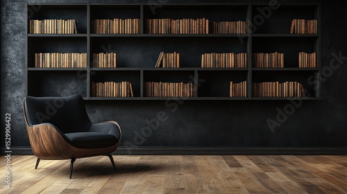 Dark library room with bookshelves and armchair