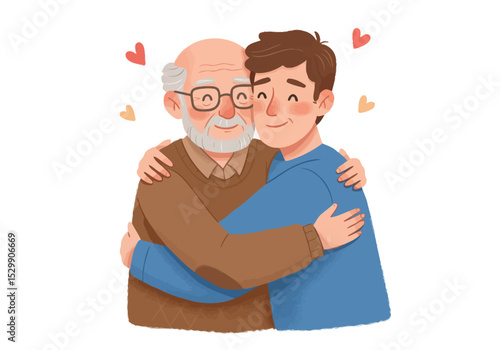 Grandfather and grandson hugging each other with love isolated on white background family concept