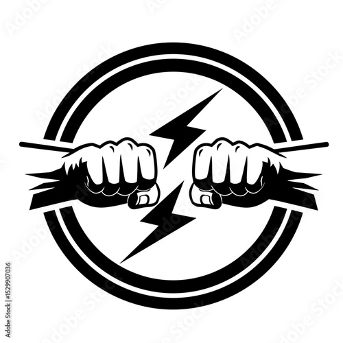 Bold Empowerment Logo with Clenched Fists and Lightning Bolt in Circular Frame