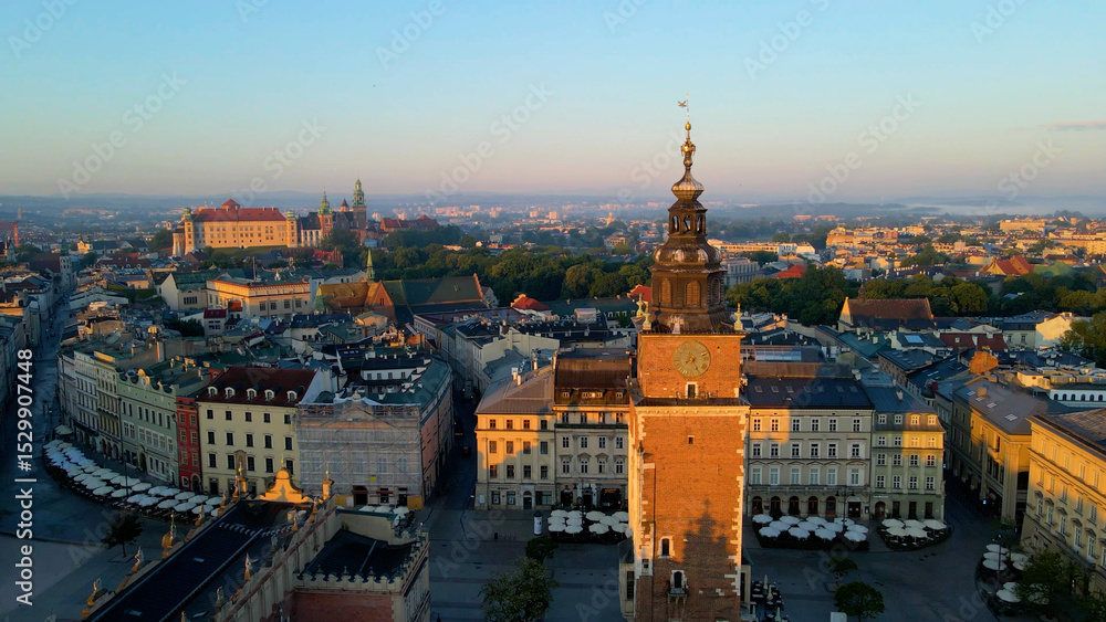 Obraz premium Drone view of European city tourism old town Krakow Poland