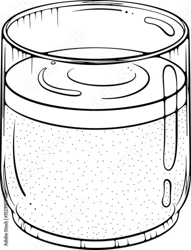A wide glass with a cold or hot drink. Coffee, tea, eggnog or cocktail in a glass. Vector illustration in hand drawn sketch style. Line art isolated on white for coloring book, print