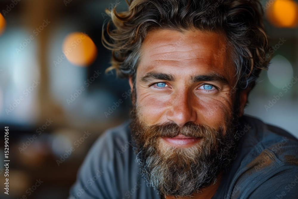 This radiant portrait features a bearded man with an inviting smile amidst a cozy background, effortlessly radiating warmth, positivity, and a relaxed lifestyle filled with joy and connection. This radiant portrait features a bearded man with an inviting smile amidst a cozy background, effortlessly radiating warmth, positivity, and a relaxed lifestyle filled with joy and connection.