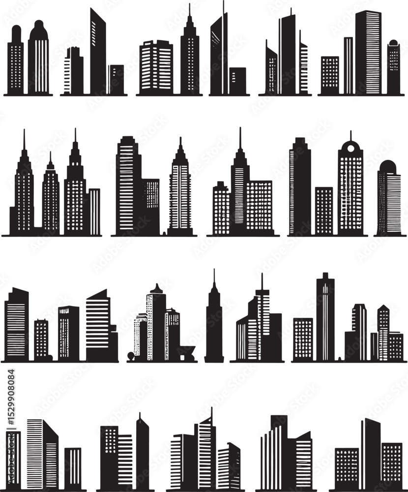 Fototapeta premium Minimal Cityscape Vector Silhouettes. Modern Buildings Clipart Pack
