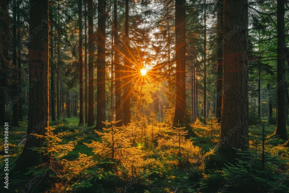 Fototapeta premium A mesmerizing view of sunlight piercing through tall trees in a dense forest, creating a serene atmosphere filled with vibrant nature and tranquility all around.