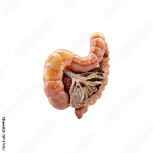 Detailed anatomical model of the human appendix cecum and colon showing internal structure