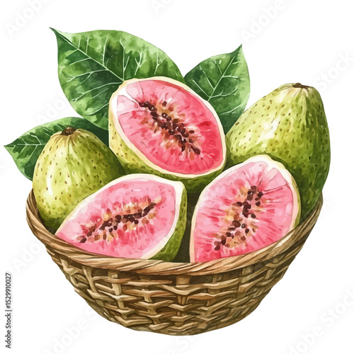 Guava Fruit Basket, watercolor drawing vector, isolated on a white background.