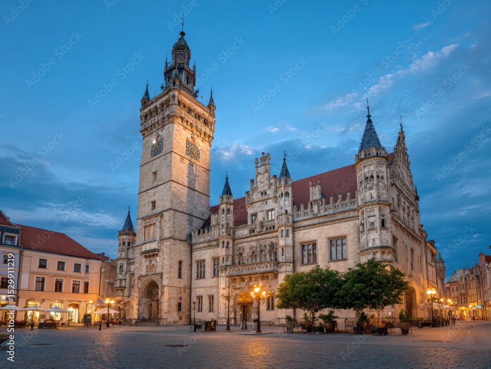 Obraz premium Town hall at twilight in a European city square.