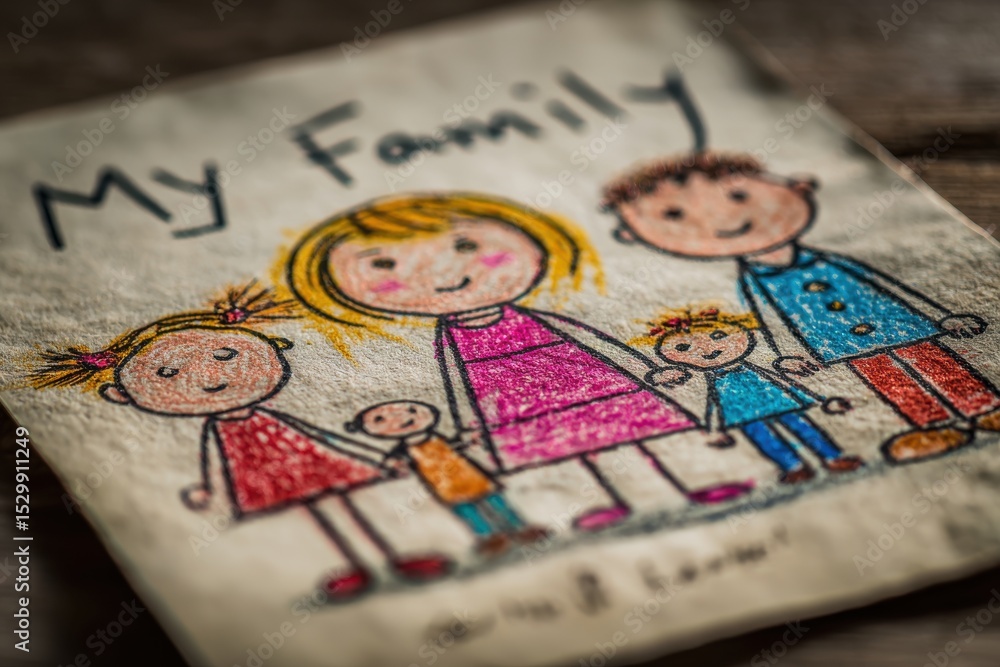 Naklejka premium An adorable child's crayon drawing of a family, capturing the innocence and love, created with vibrant colors and a heartfelt touch on a textured paper.