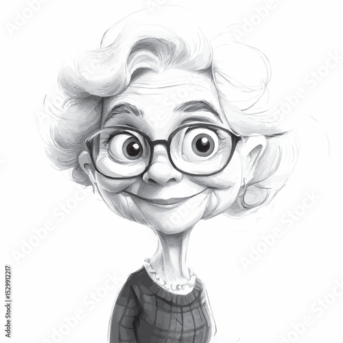 elderly woman smiling sweetly, graphics, emotions, caricature, black and white
