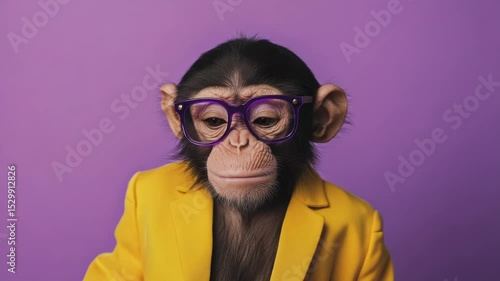 A curious monkey wearing a bright yellow jacket and purple glasses, sitting on a tree branch