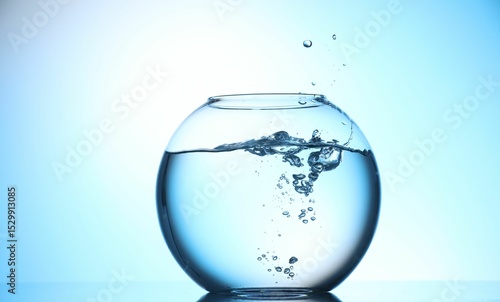Glass aquarium with water on light blue background
