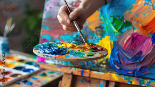 Wallpaper Mural Close-up of an artist painting colorful art on canvas with brush and palette in class. An easel with vibrant paints stands nearby, while other focused artists work in the background... Torontodigital.ca