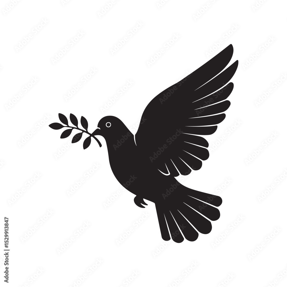 Fototapeta premium A black silhouette of a dove carrying an olive branch, symbolizing peace and hope.