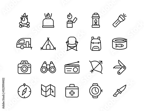 Camping Vector Icon Set | Adjustable Line Weight | Campfire, lantern, flashlight, tent, backpack, canned food, map, compass, knife, watch, outdoor gear icons