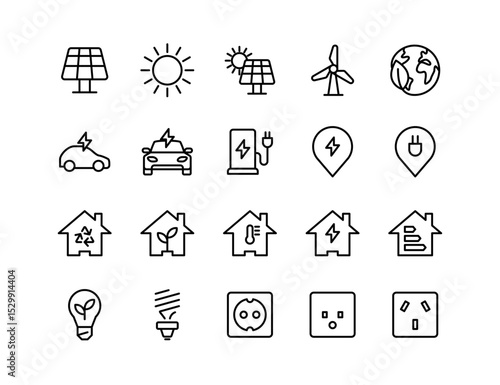 Energy Saving Vector Icon Set | Adjustable Line Weight | Solar panel, wind turbine, electric car, eco home, charger, renewable, plug, sustainability, energy, power icons