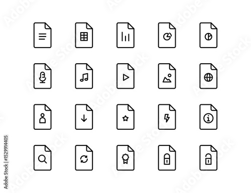 Files Vector Icon Set | Adjustable Line Weight | Document, folder, archive, report, media, audio, chart, download, pdf, spreadsheet, secure, data, files icons