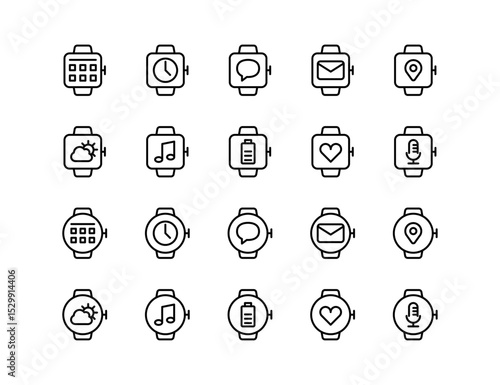 Smart Watch Vector Icon Set | Adjustable Line Weight | Time, apps, notifications, GPS, weather, heart rate, chat, mail, music, health, fitness, smartwatch icons